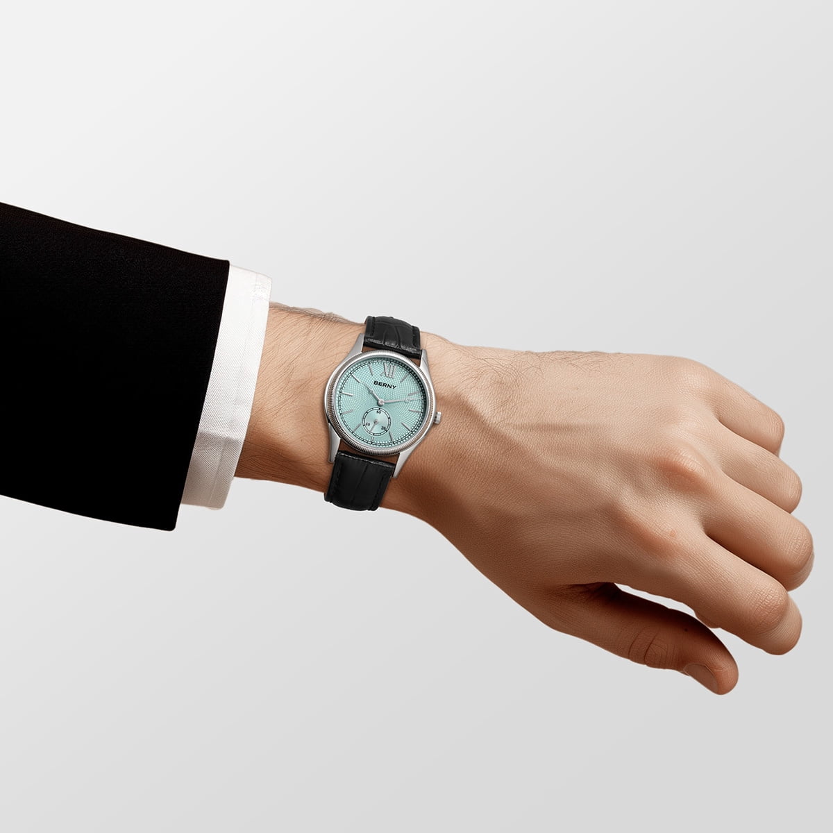 BERNY Silver Watch for Men, Ultra-Thin Minimalist Leather Watch, Stainless Steel Case, Waterproof Analog Quartz Watch, Business Dress Watches with Small Seconds (Light Blue)