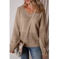 thumbnail image 1 of I AM A FASHION JUNKY Camel Eyelet Pattern Detail V Neck Drop Shoulder Sweater (Camel, S, 100%Polyester), 1 of 8