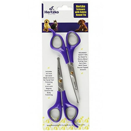 - Pet Grooming Scissors With Safety Round Tip by Hertzko - Includes Serrated Blade Scissors for Facial Hair Trimming + Regular Scissors for Body Trimming - Suitable for Dogs, Cats, and Rabbits