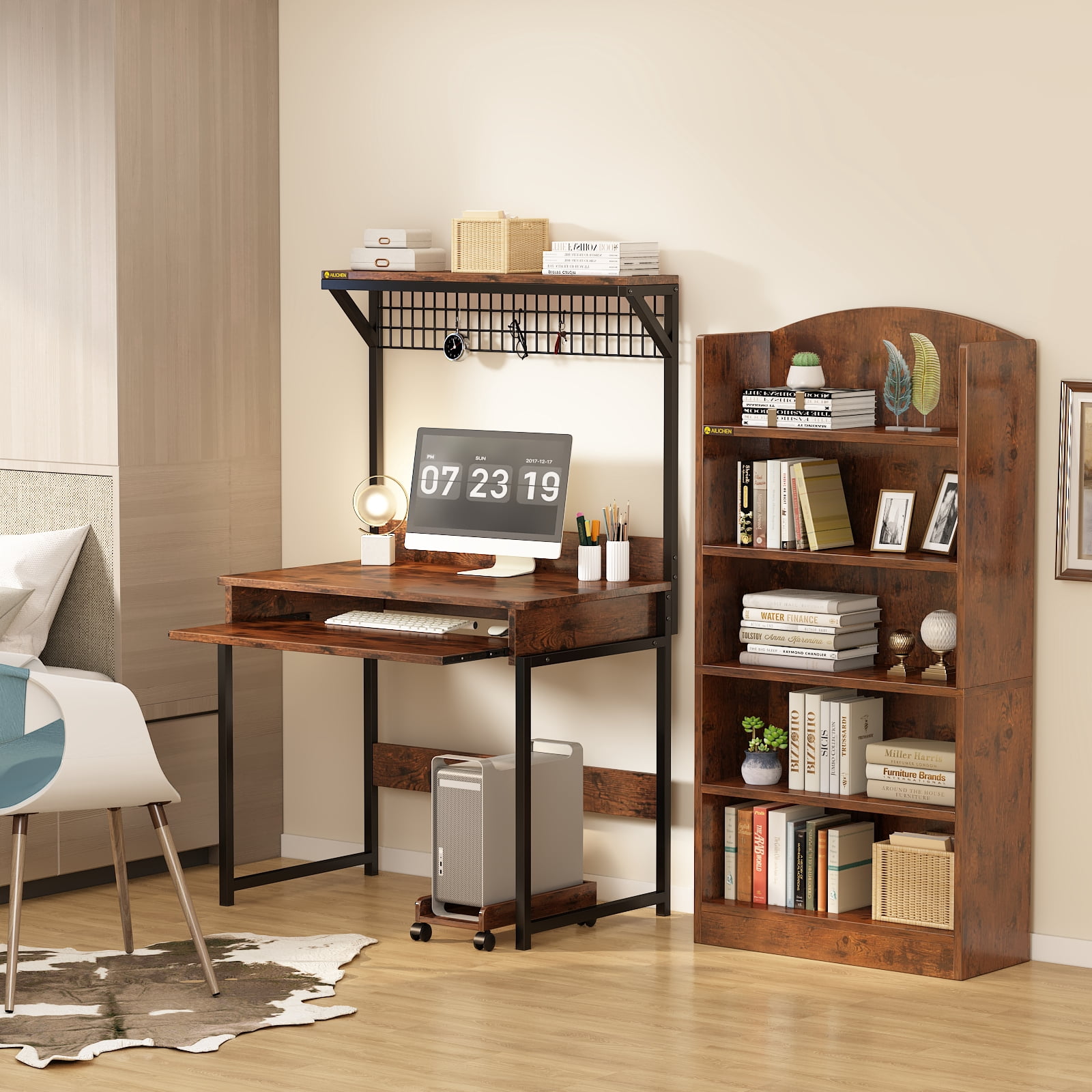NEWSENDY Industrial Style Multi-tier Standing Computer Desk with Keyboard Tray & Storage Shelves, Sturdy Home Office Workstation for Adults