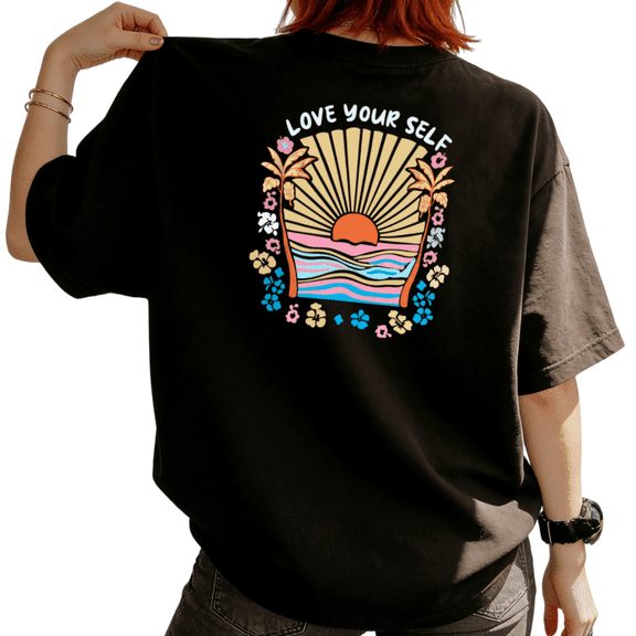UNISHE Women's "Love Your Self" Tropical Sunset Palm Tree Floral Graphic Short Sleeve T-Shirt Casual Cotton Crewneck Top