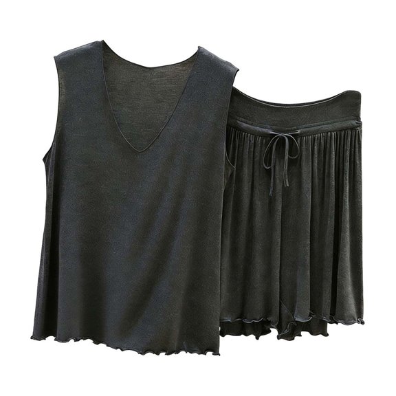 Ohufall Women's Pajama Set V Neck Sleeveless Loose Tank Top + Drawstring Ruffle Hem Soft Short Pants Pajama Sets
