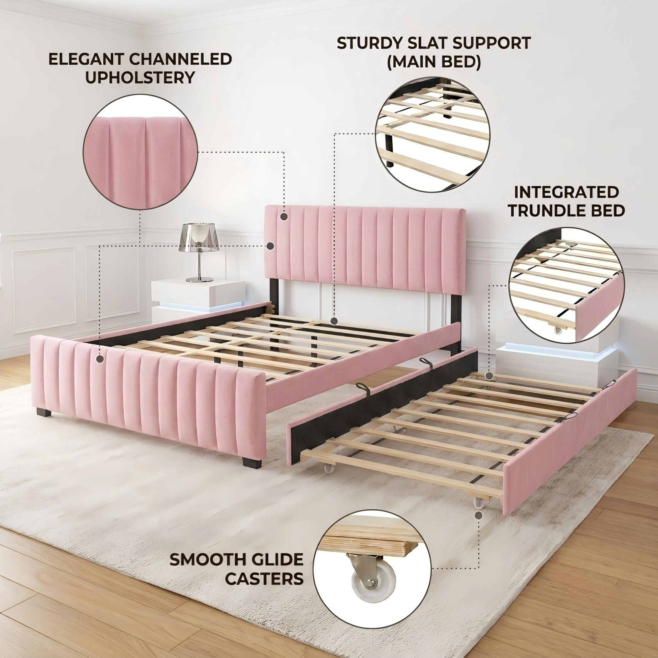 Aukfa Queen Size Upholstered Bed Frame with Twin XL Trundle, Velvet Tufted Headboard & Footboard, Pink