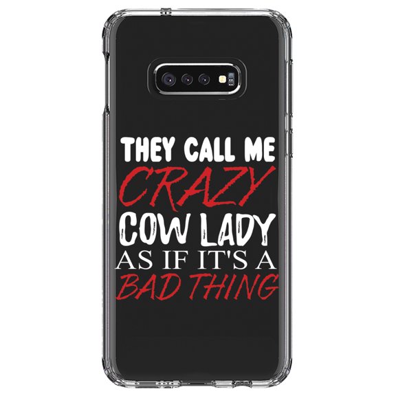 DistinctInk Clear Shockproof Hybrid Case for Samsung Galaxy S10e (5.8" Screen) - TPU Bumper Acrylic Back Tempered Glass Screen Protector - Crazy Cow Lady As If It's a Bad Thing