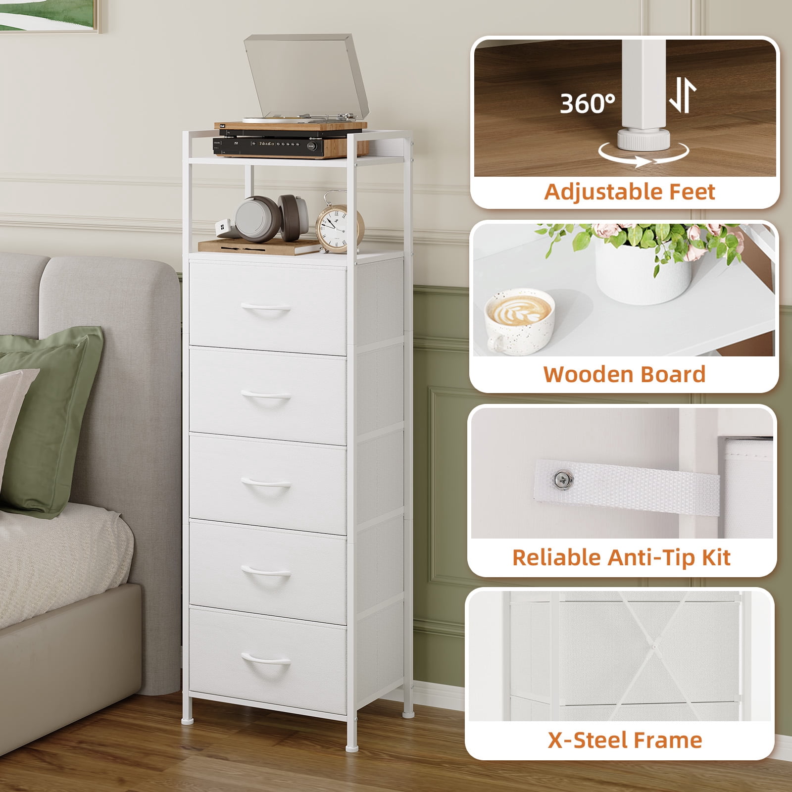 Eunos White Tall Nightstand, 5 Vertical Fabric Drawer Dresser for Bedroom, Living Room, Hallway