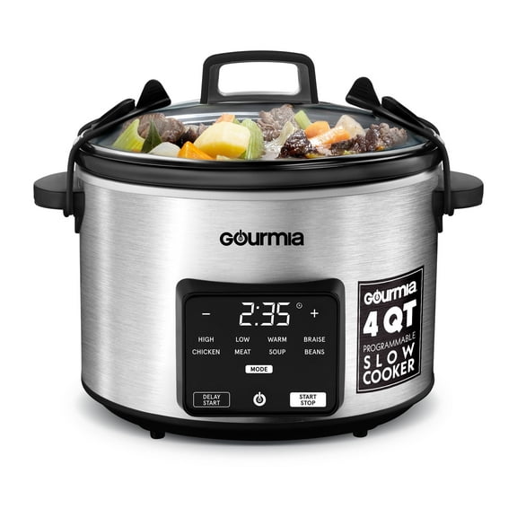 Gourmia Mijoteuse Programmable de 4,5 QT, 5 Préréglages, Maintien au Chaud, Acier Inoxydable