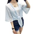thumbnail image 2 of Women Blouses Kimono Cardigan Plus Size Solid Cardigan Women Tops V Neck Flare Sleeve Lace Up Loose Chiffon Blouse, 2 of 6