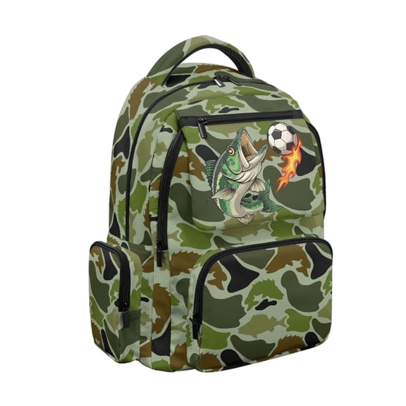 Yspwyqan Woodland Camo School Backpack for Kids Teens, Bass Fish Soccer 600D Polyester Lightweight Bookbag, Multi-Pocket Fits 15.6 Laptop for Elementary Middle High