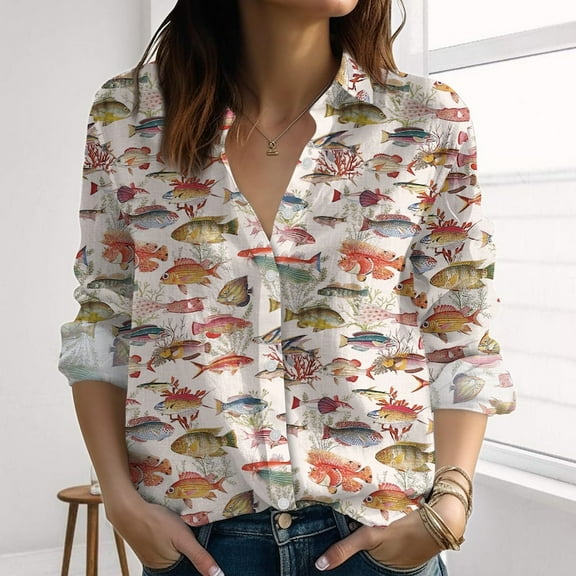 Fish Tropical Linen-Look Shirt, Colorful Ocean Shirt For Women, Sea Life Print Blouses Shirt, Fishing Casual Shirt, Beach Gifts, Button Up Shirt, Blouses Tops Women, Gift for Mother
