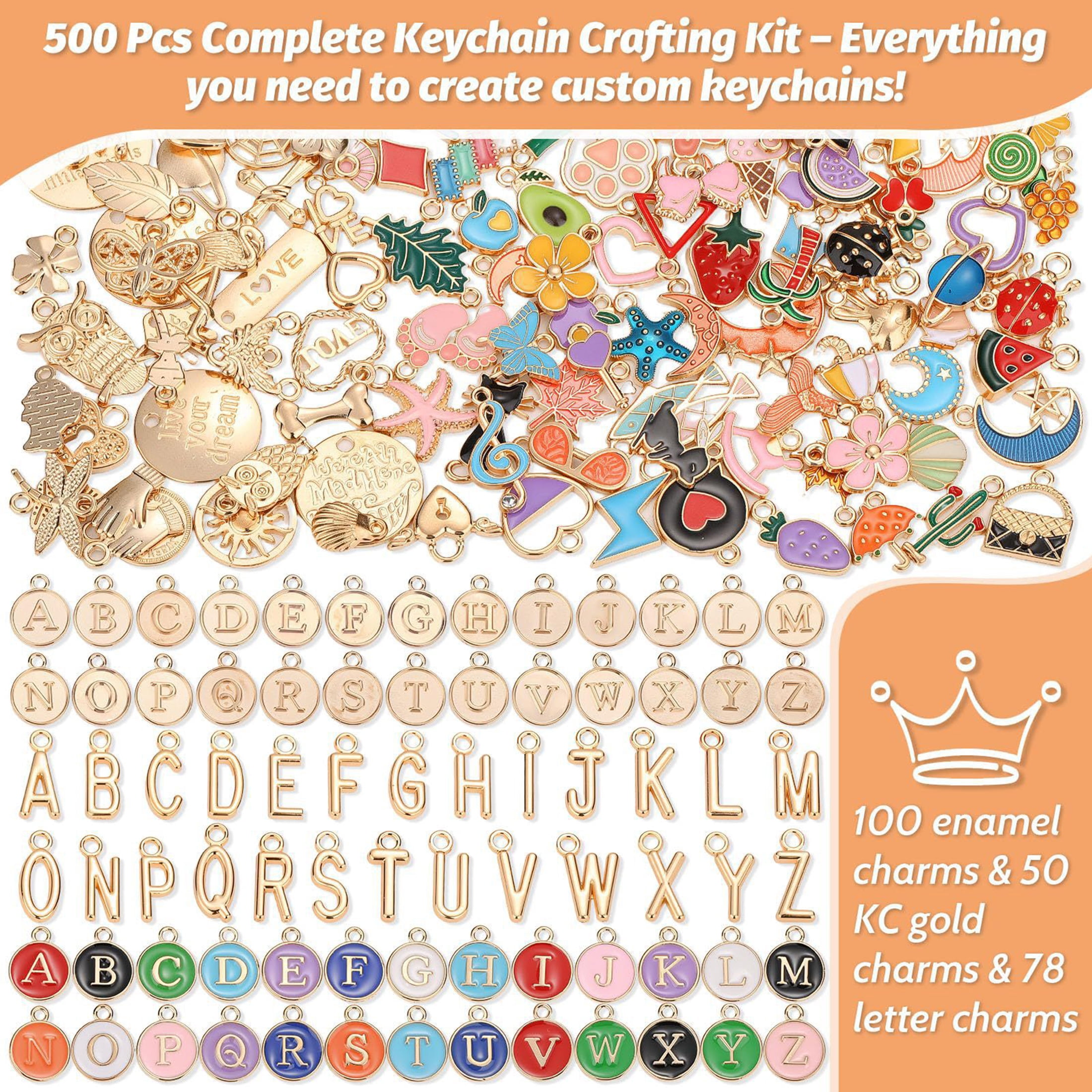 500Pcs Lip Gloss Keychain Making Kit with Charms, DIY Bag Charm Kit Including Key Chain Hooks, Jump Rings, Lobster Clasps & Tools, Gold Enamel Craft Making Supplies for Adults Teens Gifts