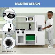 Delta Children Deluxe Modern Kitchen - Wooden Toy Kitchen Playset with Realistic Knobs that Turn/Click, Oven, Sink and Fridge/Freezer with Ice Maker, White