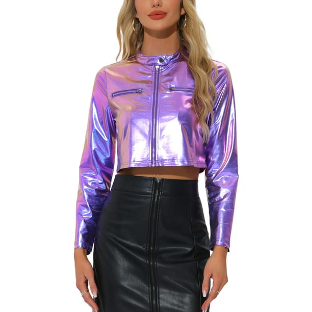 Chaquetas cortas para mujeres INSPIRE CHIC con cuello alto, cremallera metálica, de manga larga, chaqueta de fiesta XS azul