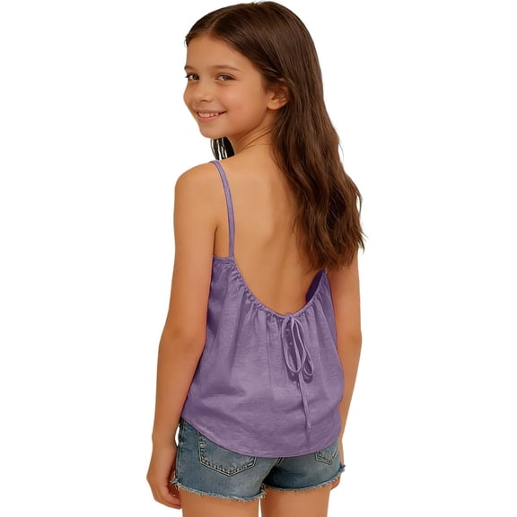Ticikt Girl's Summer Camisole Tops Spaghetti Strap Pleated Cute Vacation Camisole Vest Flowy Loose Backless Holiday Shirt,Color:Purple