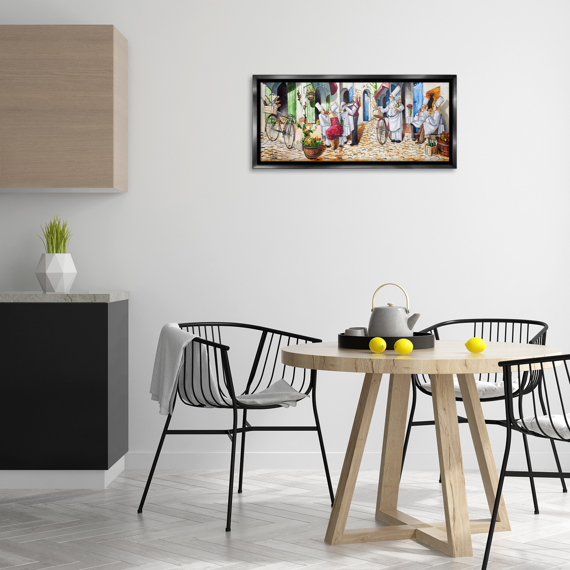 Stupell Industries Town Café Chefs Scenery Painting Black Floater Framed Art Print Wall Art, 31 x 14