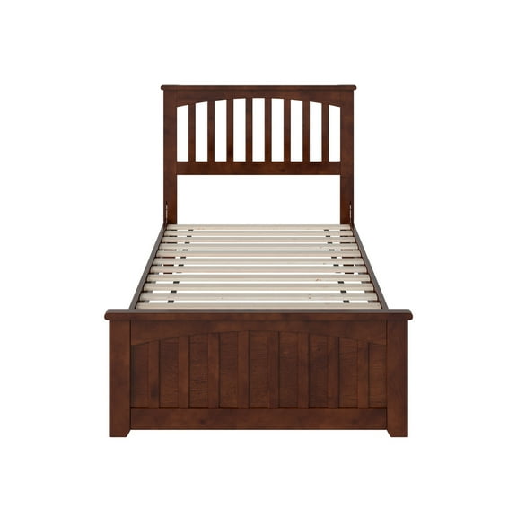 Twin XL Platform Bed with Footboard & USB Ports, Solid Wood Low Profile Frame - Walnut