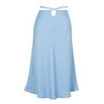 thumbnail image 6 of Mrat Ruffle Skirt Women's Casual Fashion Solid Color Zipper Satin Skirt Navel Temperamental Commute Skirt Long Skirt S-66 Blue M, 6 of 9
