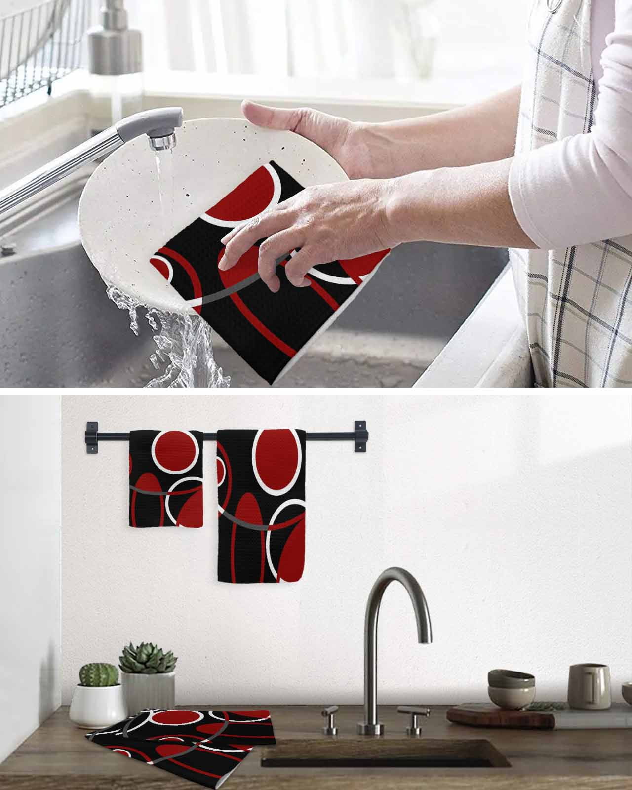 Black Red Dish Towels Set, Waffle Weave Kitchen Towels 3 Pieces, White Circle Geometric Abstract Texture Microfiber Hair Face Bath Tea Towel Absorbent Quick Drying Cleaning Dish Cloths, 12"x12"
