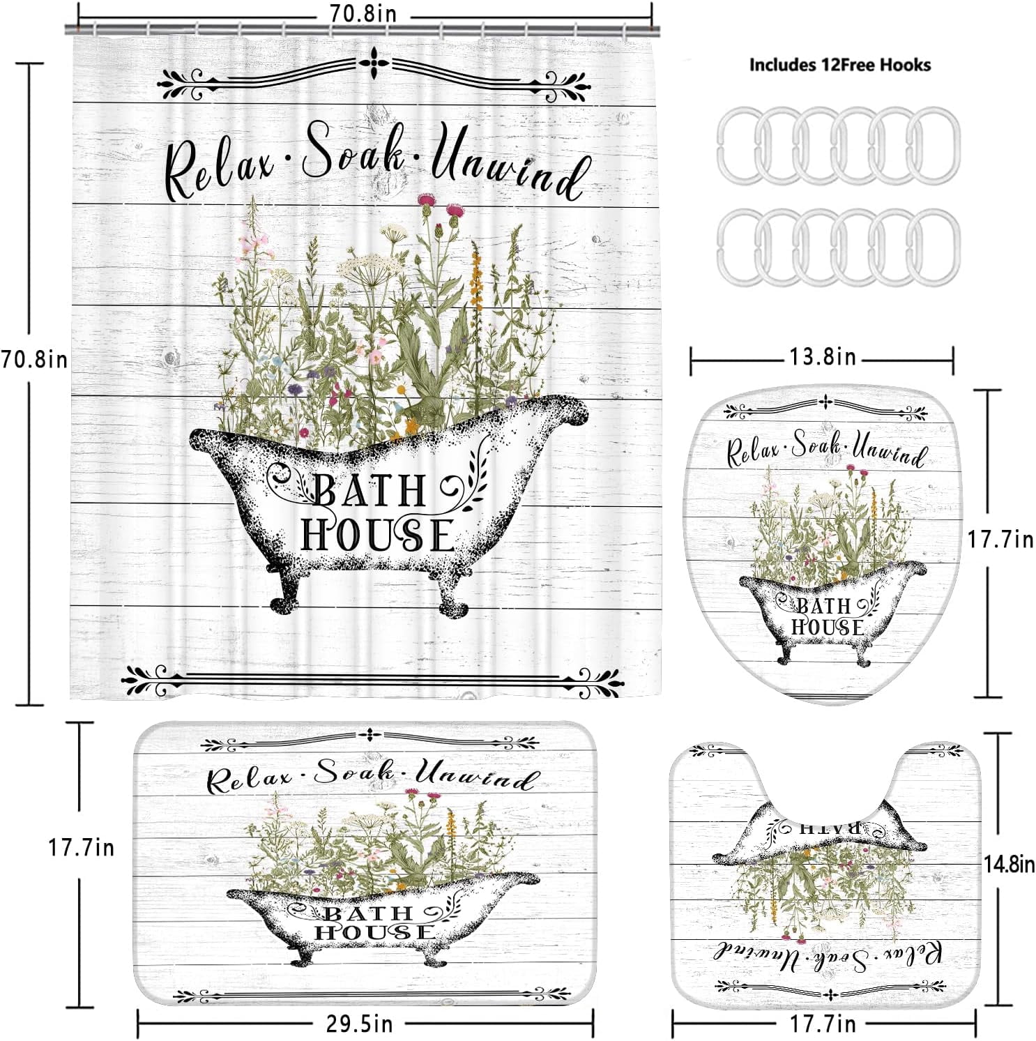 4 Pcs Floral Shower Curtain Flowers Leaves Bathroom Sets with Shower Curtain and Rugs Vintage Farmhouse Bathroom Decor Country Bathtub on Rustic Wood Backdrop Bathroom Rugs Mat Toilet Lid Cover