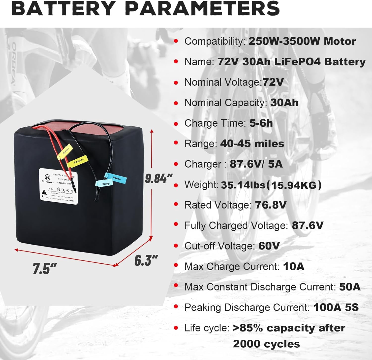 Ebike Battery 72V 30AH Lifepo4 Battery Pack with 5A Charger 50A BMS for 300W-3500W Motor