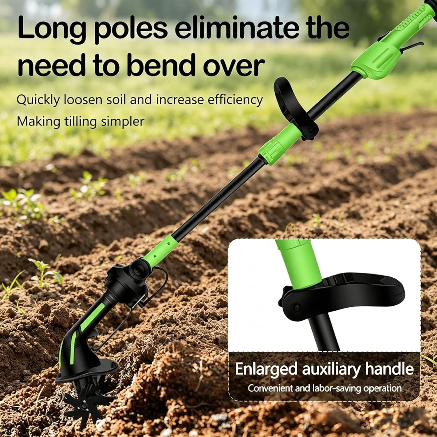 2-in-1 Cordless Tiller & Cultivator with Extension Pole, Rechargeable Garden Rototiller, Lightweight Handheld Soil Cultivator for Lawn, Yard, Flower Beds & Vegetable Gardens (Battery x2-Pole)
