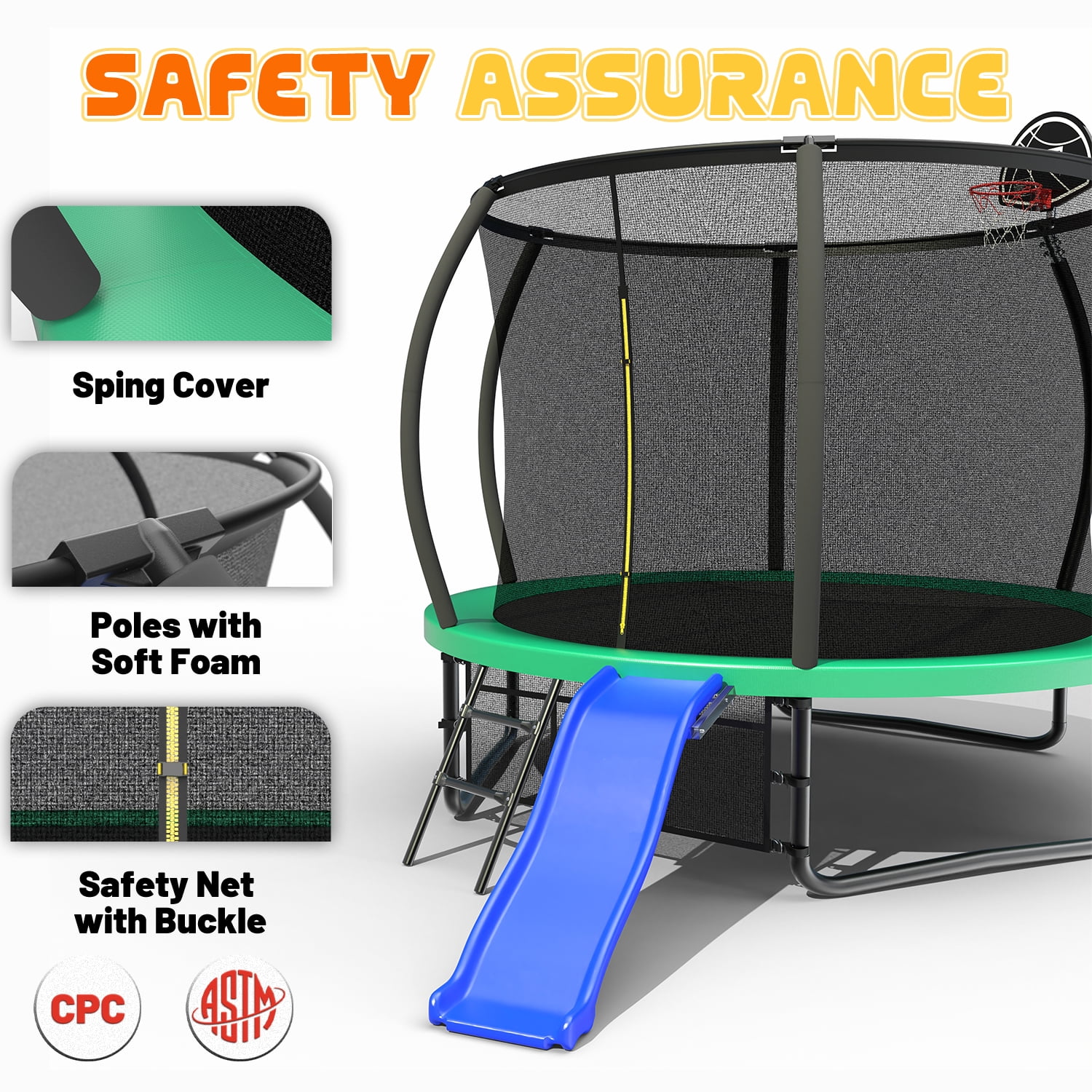 Mersco 10FT Heavy Duty Trampoline with Enclosure Net ,Slide ,Swing Set Outdoor Trampoline for Backyard,Kids Trampoline with Basketball Hoop,Birthday and Holiday Gifts for Kids,Green