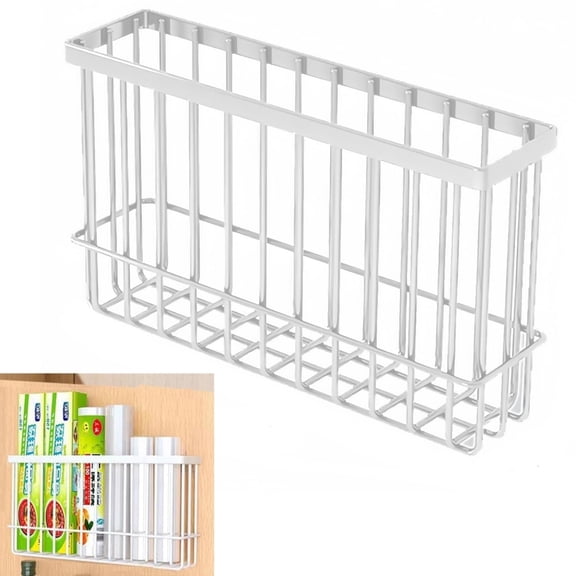 Cabinet Door Organizers, Metal Wrap Holders for Kitchen Organizers, Wall Door Mount Storage Basket,Kitchen Adhesive Hanging Basket for Foil Wrap, Cling Wrap, and Food Bags, Large-White