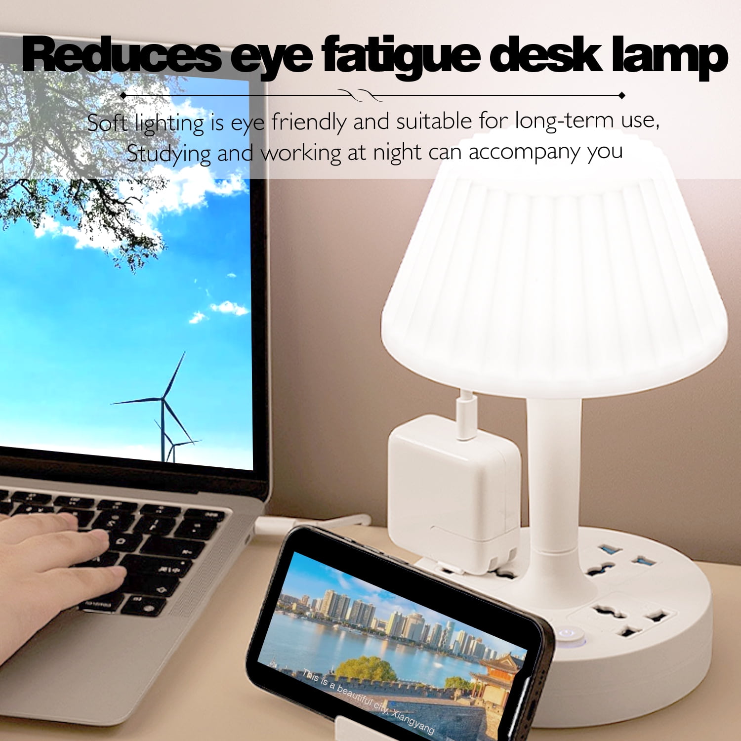 Socket Table Lamp Power Strip， AC Outlets + USB Charging Ports, All-in-one Design Multiple Functions Dimmable Small Reading Desk Lamp , Eye Care LED Nightstand Light for Home Office Dorm Bedside