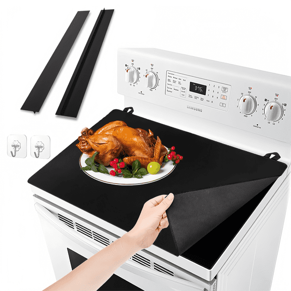 Stove Top Cover, 21" x 28.5" Electric Stove Cover Mat, Glass Stove Protector with 2 Pcs Stove Gap Guard, Washable Rubber Easy to Clean, Black