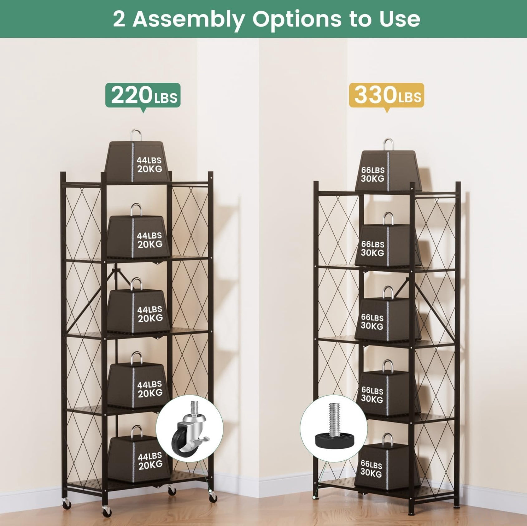 62"H 5-Tier Heavy Duty Storage Shelving Unit with Wheels, Foldable Metal Wire Rack Organizer for Garage Kitchen Pantry Basement, Black