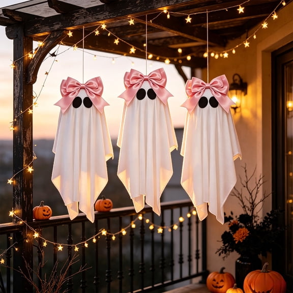 Aoznliie Hanging Ghost Decoration, 3 Pack Soft Fabric Ghost Ornament with Pink Bow, Halloween Porch Decor for Indoor Outdoor Window Door