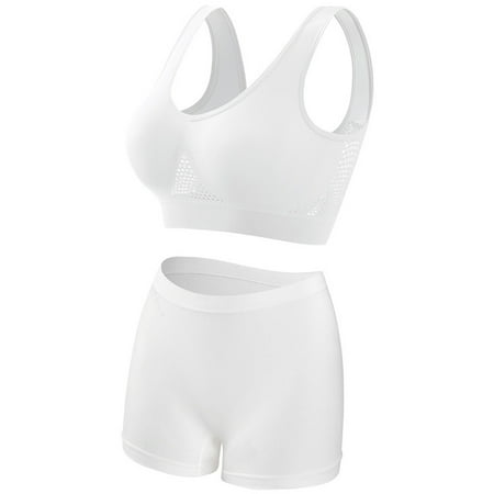 GlTpooo Workout Underwear Sets for Women Plus Size Comfy Breathable Seamless Bralettes with Shorts Legging 2 Pieces Yoga Sports Bra and Panties White M