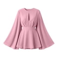 thumbnail image 4 of Karymi Solid Satin Romper Dress, Crew Neck Front Keyhole Cutout Bell Long Sleeve A-Line Mini Dress with Adjustable Self Tie Waist Layered Hem Dresses for Women, 4 of 9