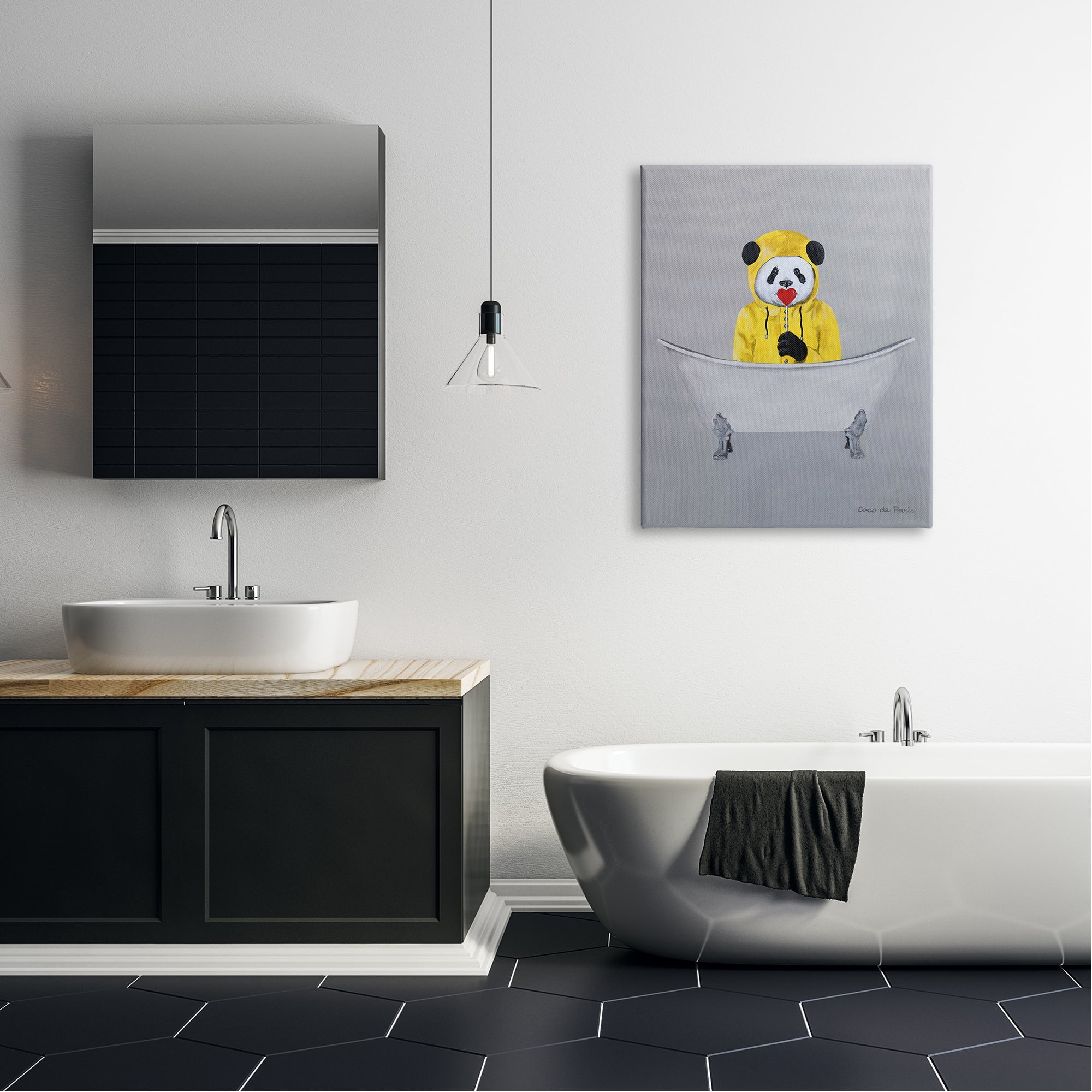 Stupell Industries Panda Yellow Raincoat Red Heart Claw Foot Tub, 30 x 40, Design by Coco de Paris