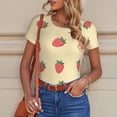 thumbnail image 6 of KLL Women 's Crew Neck Bodysuit Jumpsuits Strawberries Print Short onesies Stretch T Shirts, 6 of 7