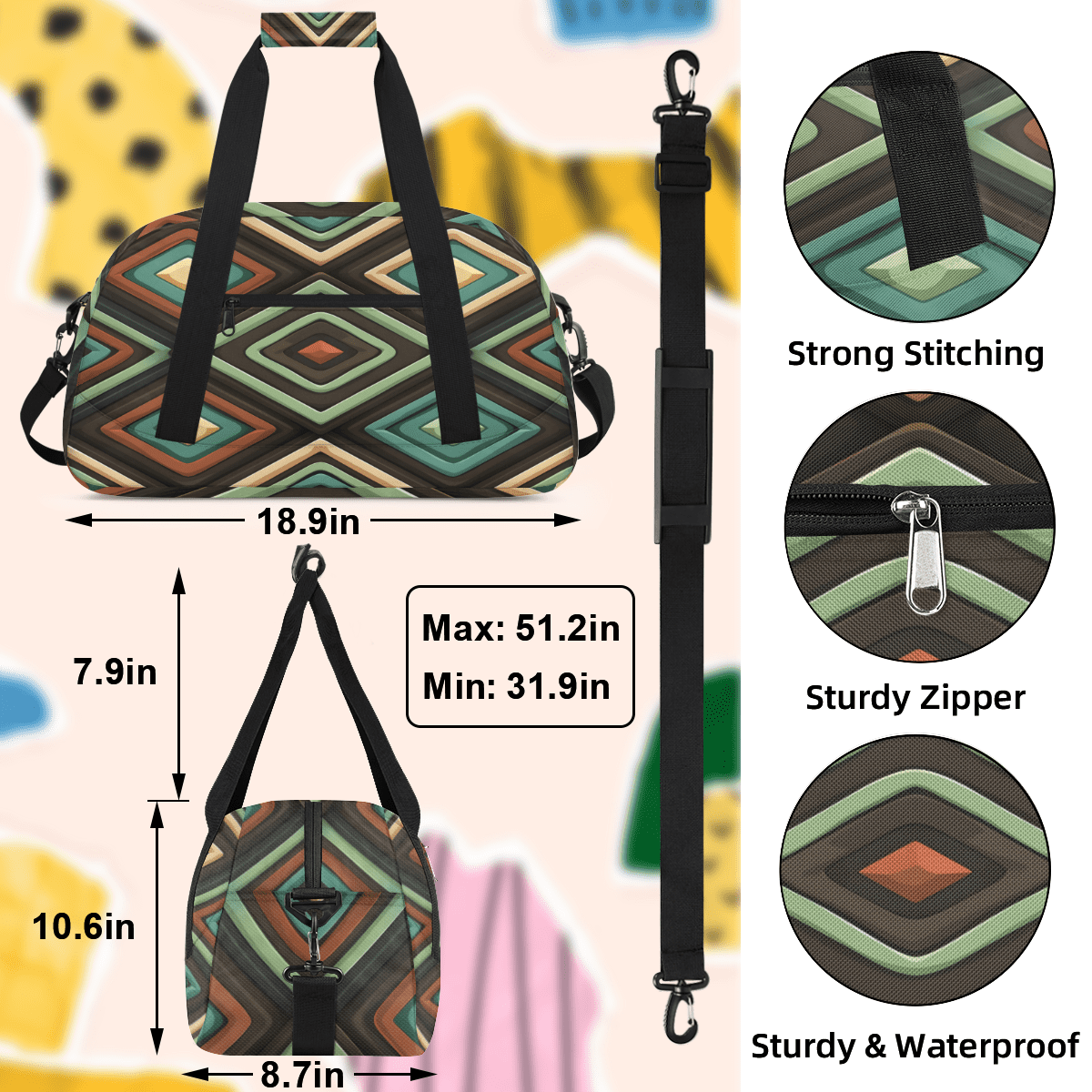 Herdesigns Geometric Shapes Sports Duffle Bag for Women & Men, Mid Century Modern Gym Bag Dance Bag Overnight Bag Carry On Weekender Travel Bag
