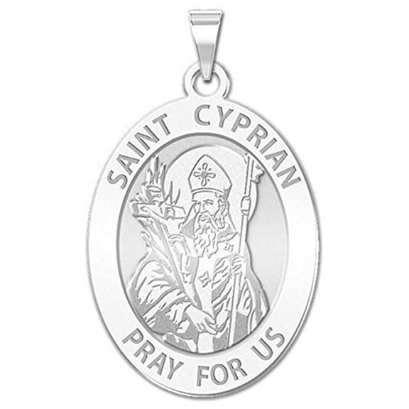 Picturesongold.Com Saint Cyprian OVAL Religious Medal Necklace Pendants - 2/3 x 3/4 inch Size of Nickel, Sterling Silver