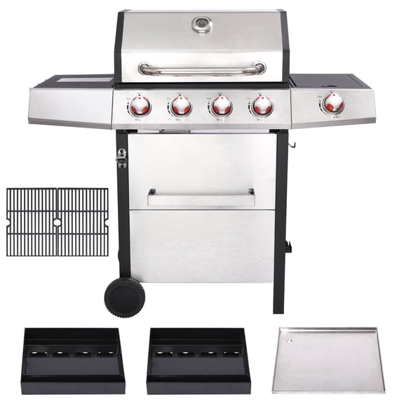 4 Burner Propane Gas Grill Combo w/Side Burner, 3-in-1 BBQ Grill with Charcoal Smoker & Griddle Plate, 46,750 BTU, 448 Sq.In. Stainless Steel Outdoor Cooking Station