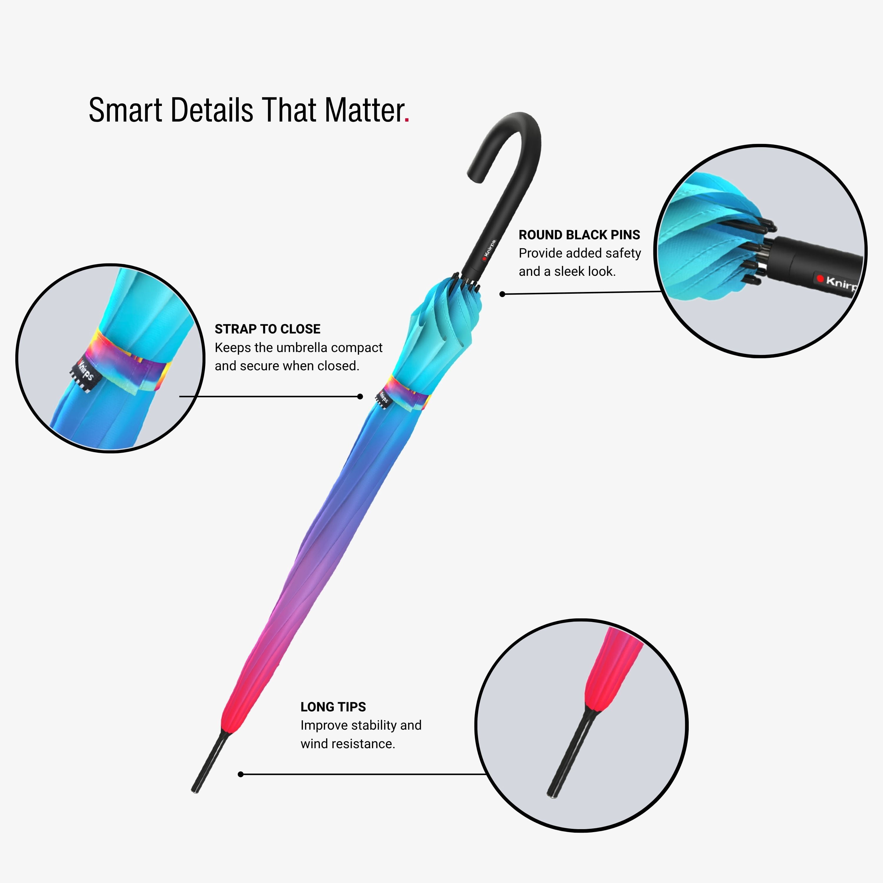 Knirps A.760 Curved Handle Rain Umbrella for Adults in Rainbow – 42" Windproof Automatic Open Canopy, Ultra Lightweight Steel Aluminum Frame with Large Button, Rounded Tips, Polyester Case Included