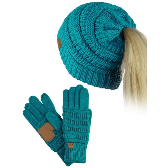 C.C BeanieTail Messy High Bun Cable Knit Beanie and Anti-Slip Touchscreen Gloves Set, Teal