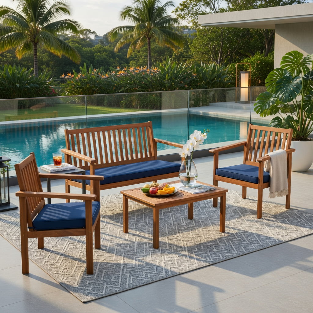 Hommoo 4-Piece Acacia Wood Patio Furniture Set, Cushioned Loveseat, 2 Chairs, Coffee Table for Backyard, Poolside & Porch, Navy