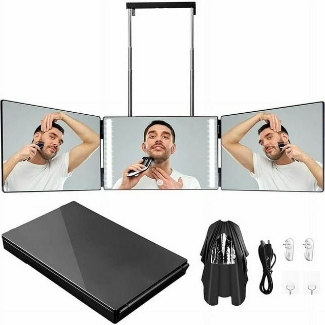 Miroir à 360 Degrés avec Lumière, Miroir à 3 Voies, Miroir à Trois Couleurs avec Gradation, Miroir de Rasage à DEL, Miroir Cosmétique, Crochet Télescopique à Hauteur Réglable...