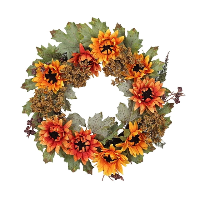 Corona de girasol con hojas de arce y calabaza HWRETIE,decoración colgante para puerta de entrada navideña de otoño con temática del Festival de la Cosecha y detalles de frutos rojos