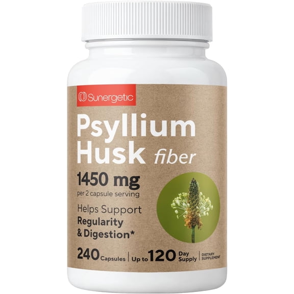 Sunergetic Psyllium Husk Fiber Supplement, 1450 mg Fiber Capsules for Digestion and Regularity, 240 Count