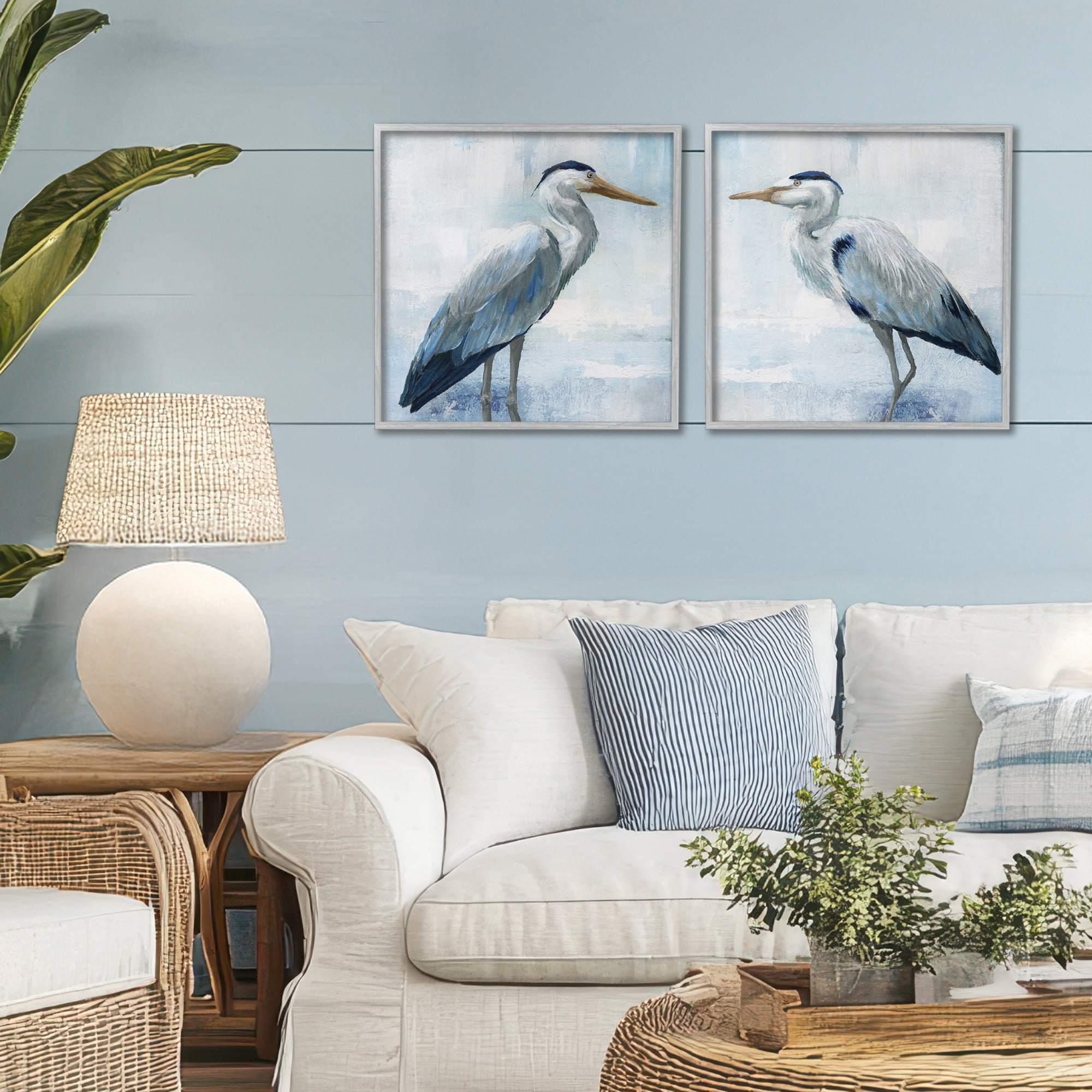 Stupell Industries Faded Blue Coastal Herons 2 Piece Gray Framed Giclee Art Set, design by Nan
