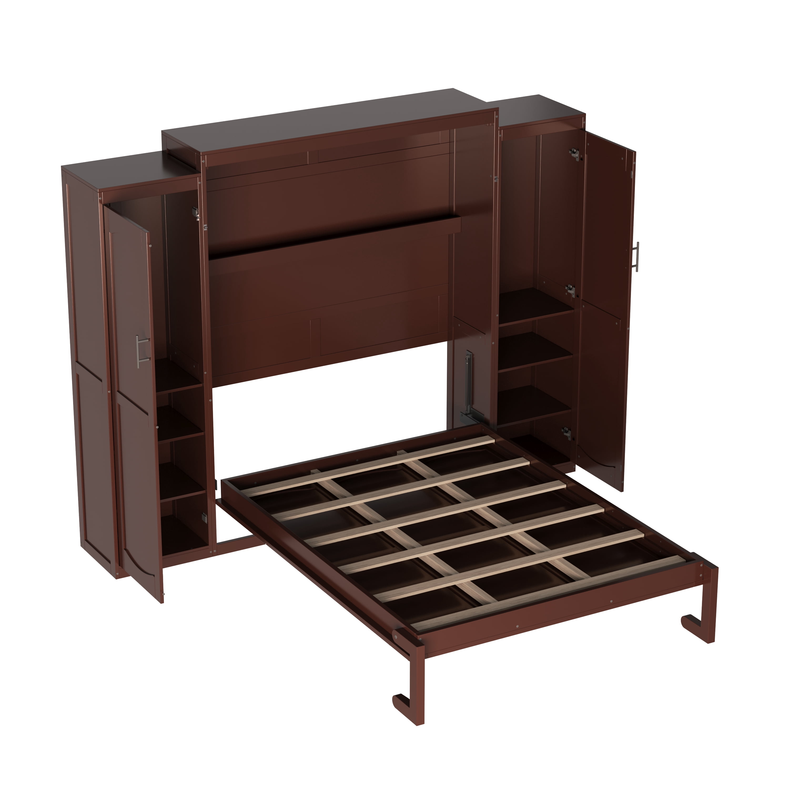 Yoneston Full Size Modern Murphy Bed with 2 Wardrobe & Storage Shelf, Multifunctional Foldable Platform Bed Frame with for Guestroom Bedroom, Brown
