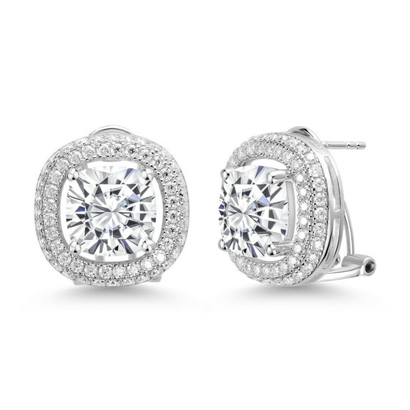 Gem Stone King 925 Sterling Silver White Moissanite Post Clip Earrings for Women (10.96 Cttw, Cushion 10MM)