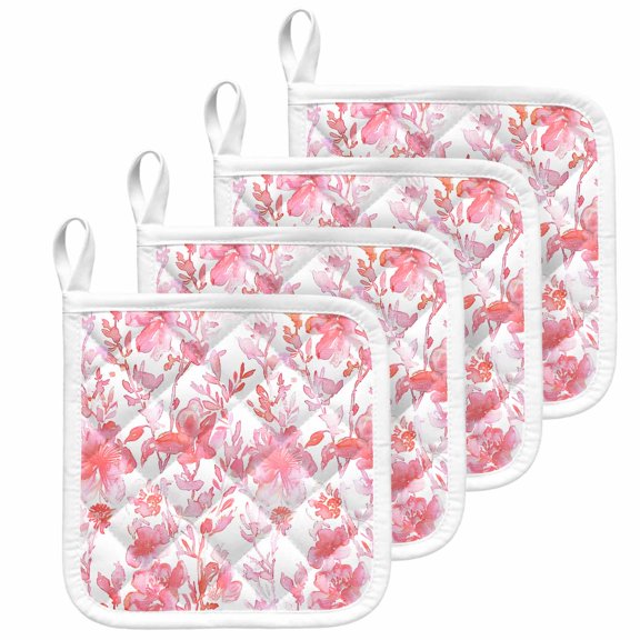 Watercolor Pink Floral Pot Holders for Kitchen Heatproof Potholder, 4 Pack Pink Ombre Botanical Summer Hot Pads Multipurpose Oven Pads Cloth Potholders Trivet for Cooking and Baking
