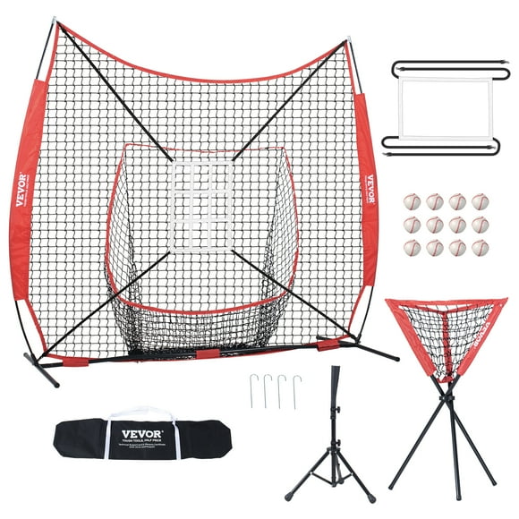 VEVOR 7x7 ft Baseball Softball Practice Net, Portable Baseball Training Net, with Bow Frame, Carry Bag, Strike Zone, 12 Balls