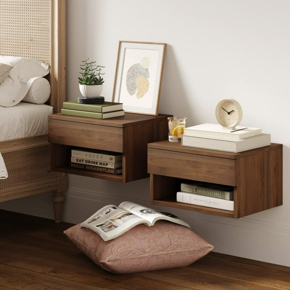 Nathan James Jackson Modern Floating Bedside Nightstand with Drawer Set of 2 Brown Walnut - Set of 2