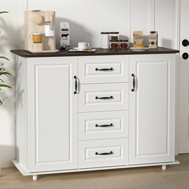 ZNNT 47" Kitchen Buffet Sideboard Cabinet, 4 Drawers Farmhouse Coffee Bar Storage Cabinet with 2 Doors, White